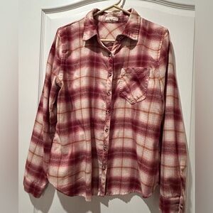 Maurices Women’s  Medium Burgundy and Cream Plaid Shirt with Pocket